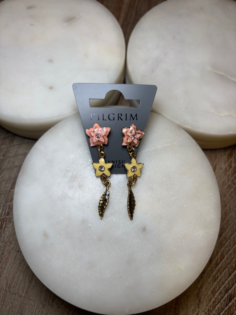 250 Pilgrim Pink and Yellow Flower Drop Earrings with Gold Feather Dangles